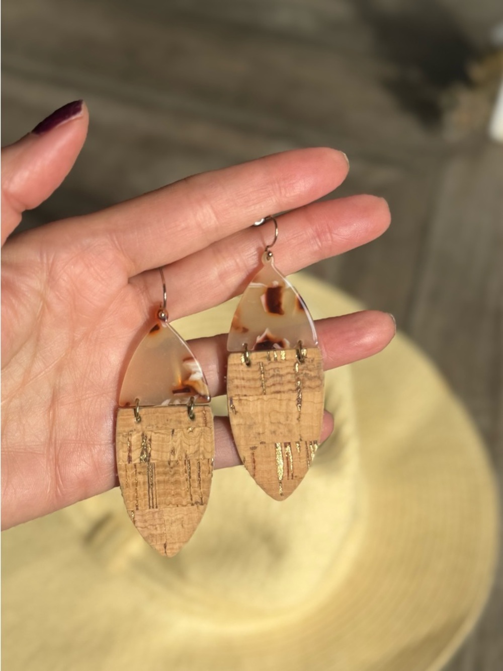 Artisan Tortoiseshell and Cork Drop Earrings - Neutral Tones